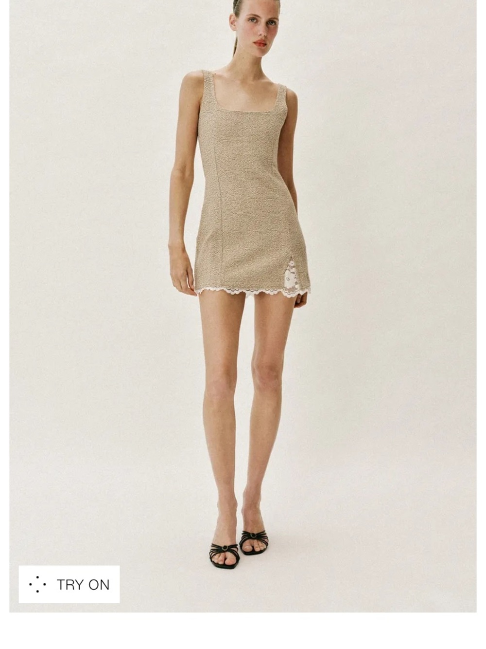 Zara Beige Square-Neck Lace-Trim Mini Dress